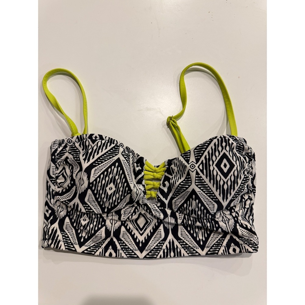 Raisins Womens Geometric Tribal Print Bikini Top Neon Yellow Straps Black White